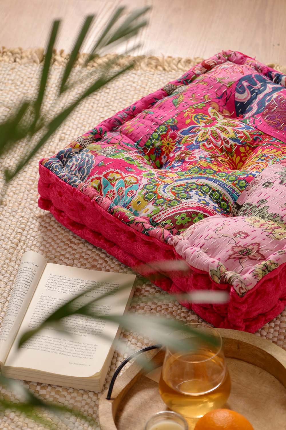 Pink Velvet Kantha Floor cushion