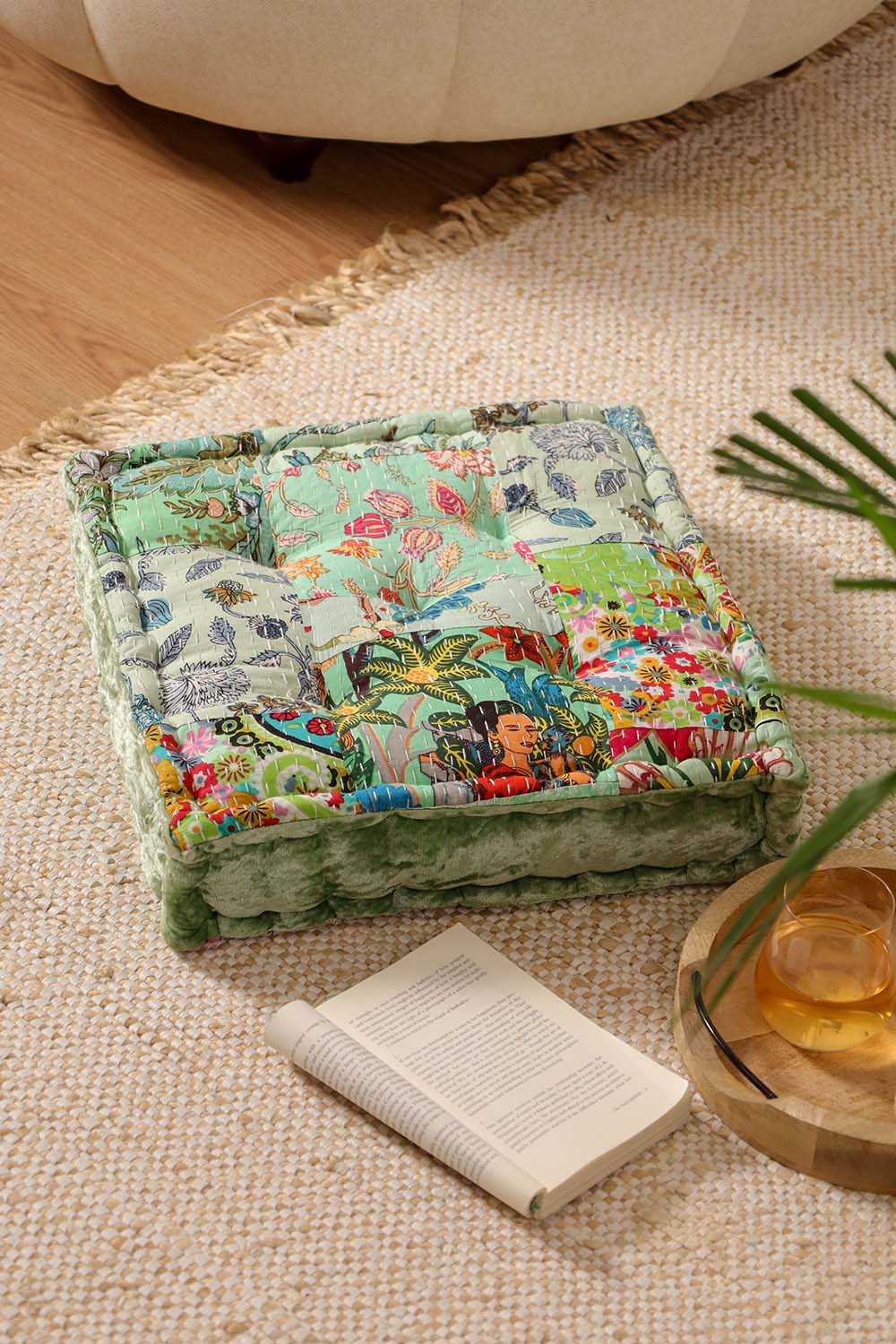 Sage Green Velvet Kantha Floor cushion