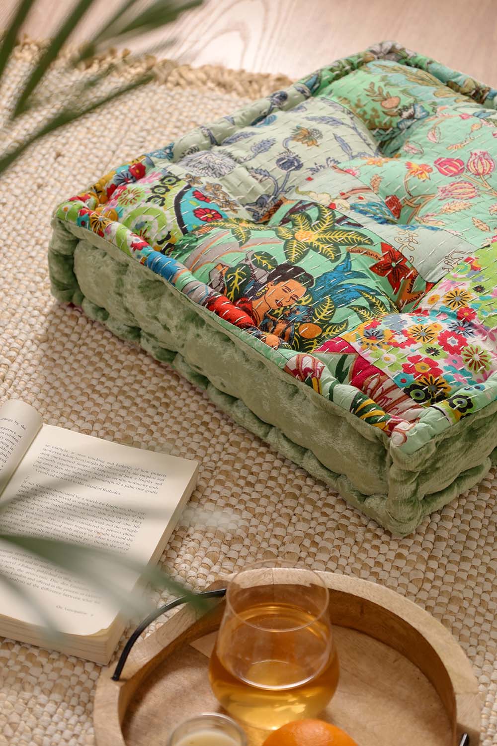 Sage Green Velvet Kantha Floor cushion
