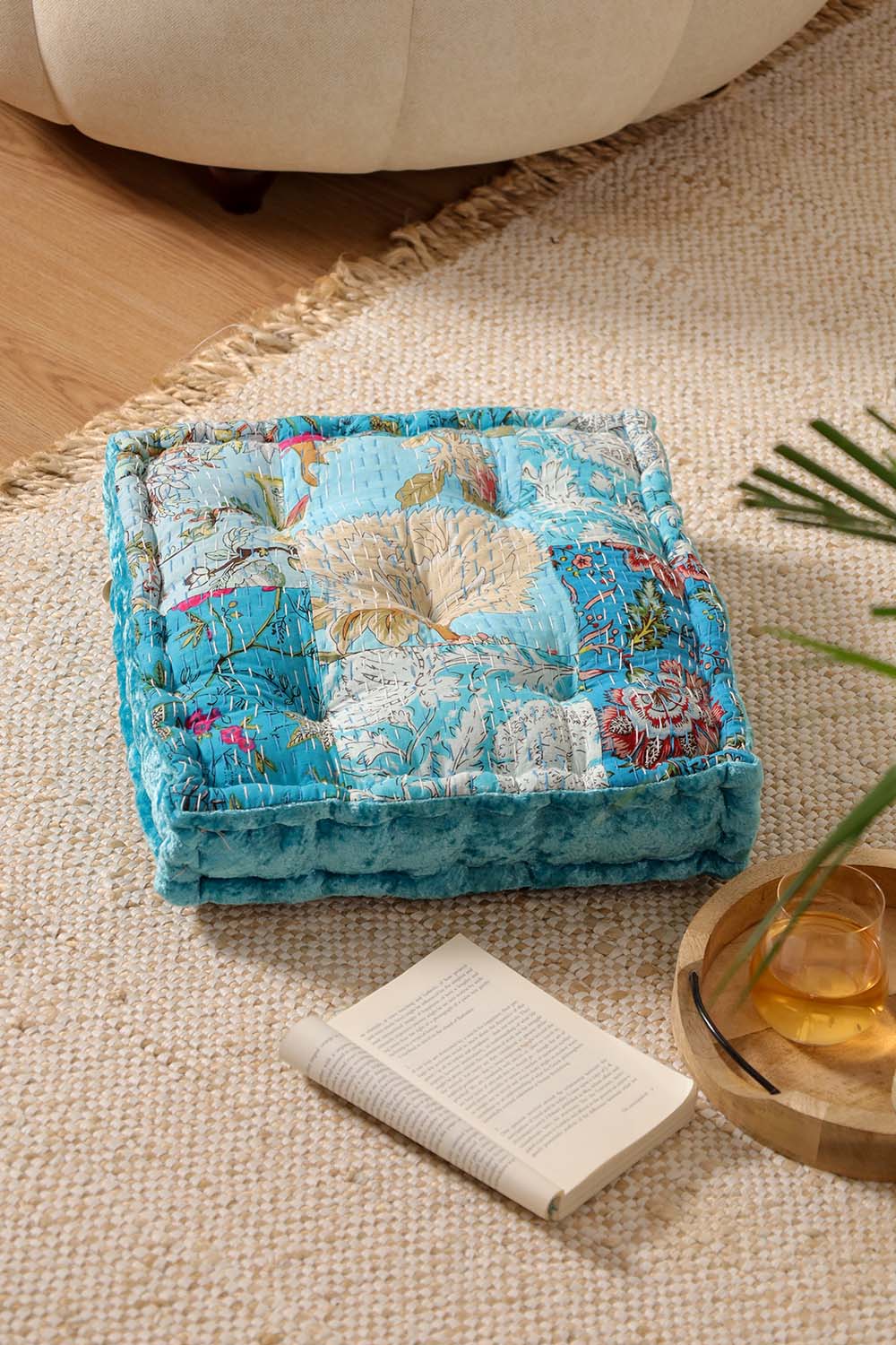 Turquoise Velvet Kantha Floor cushion