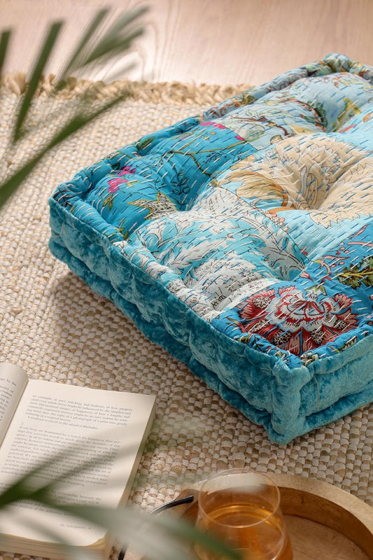 Turquoise Velvet Kantha Floor cushion