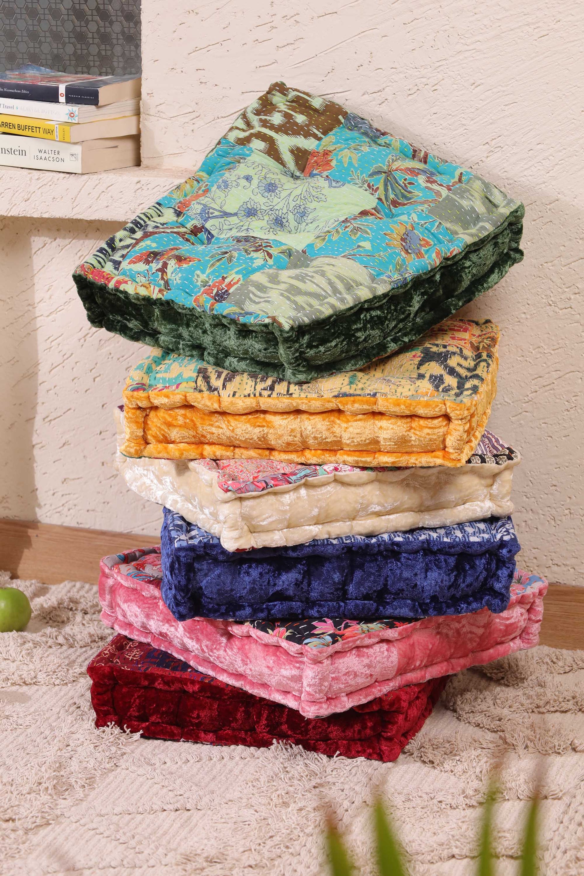 Sage Green Velvet Kantha Floor cushion