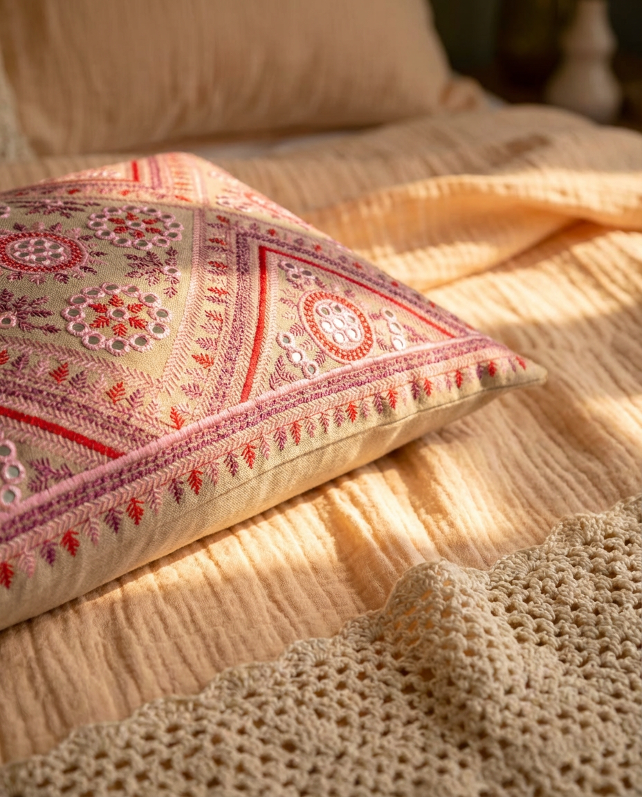 Pink Mirrorwork Magic Long Pillow