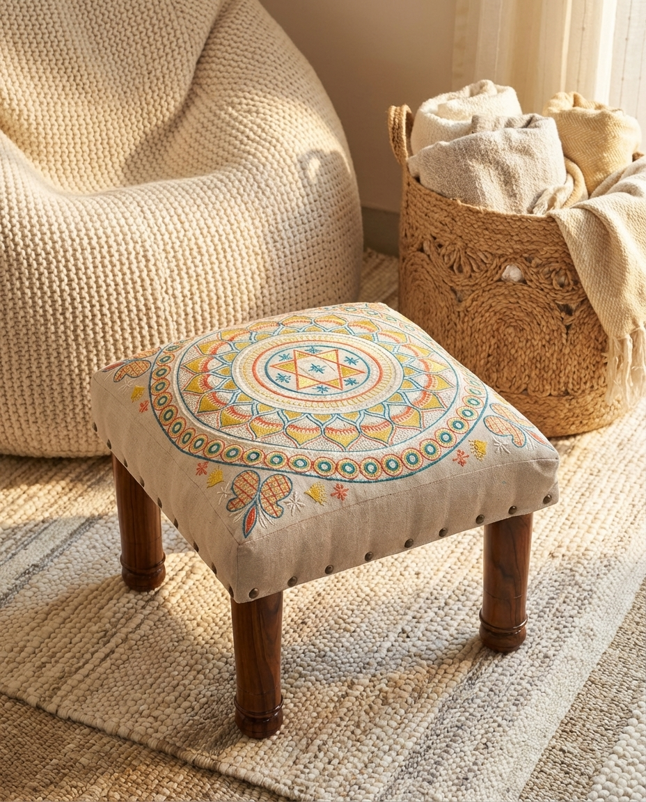 Decorative stool with mandala design in a cozy room setting