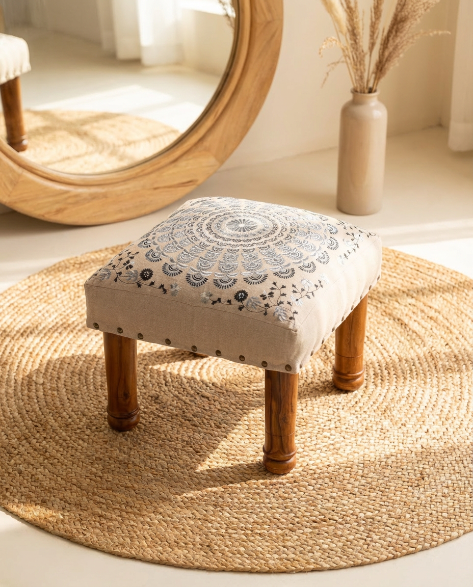 Small wooden stool with a patterned cushion on a round woven rug.
