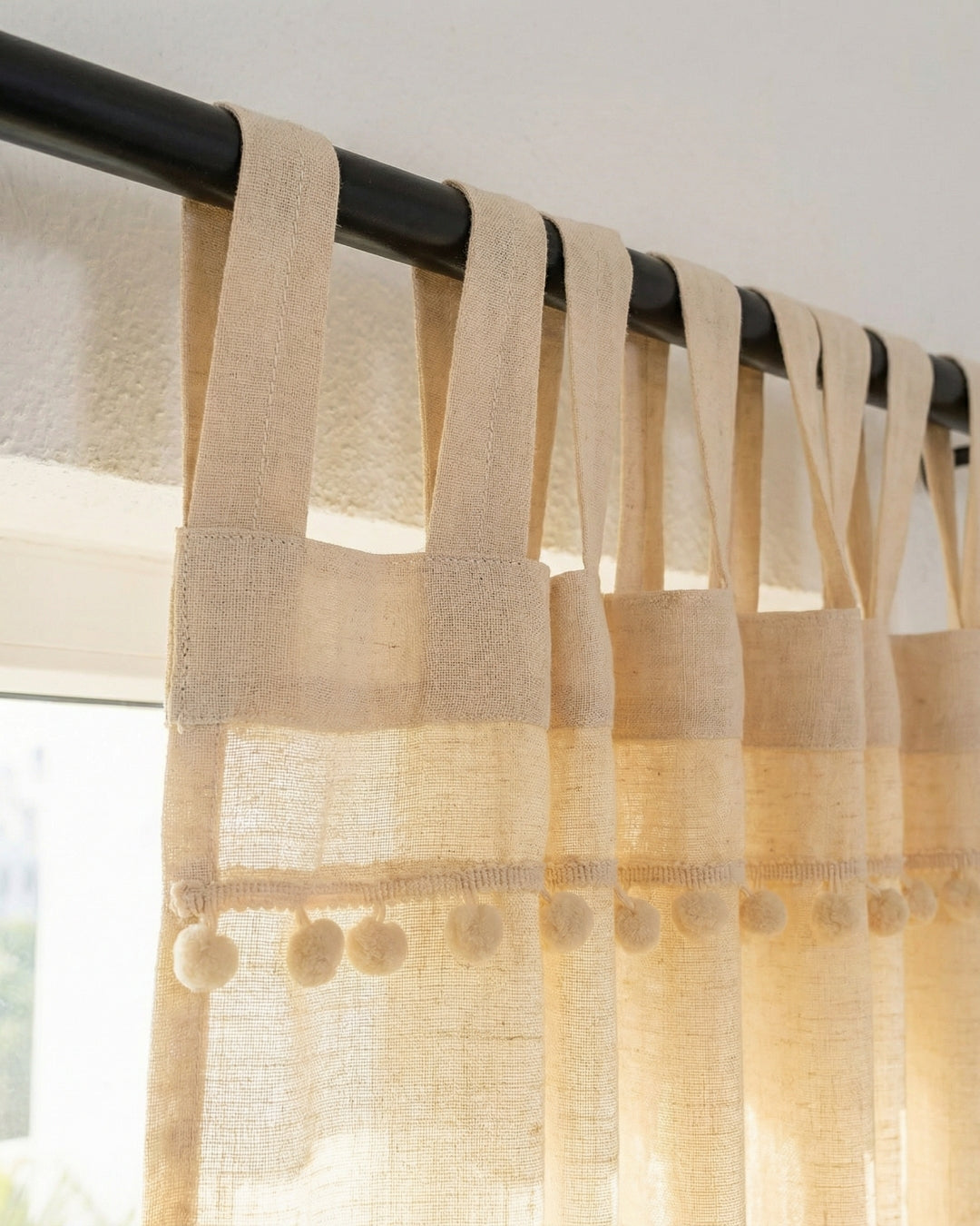 Natural Fiesta Pom Poms Curtain - Set of 2