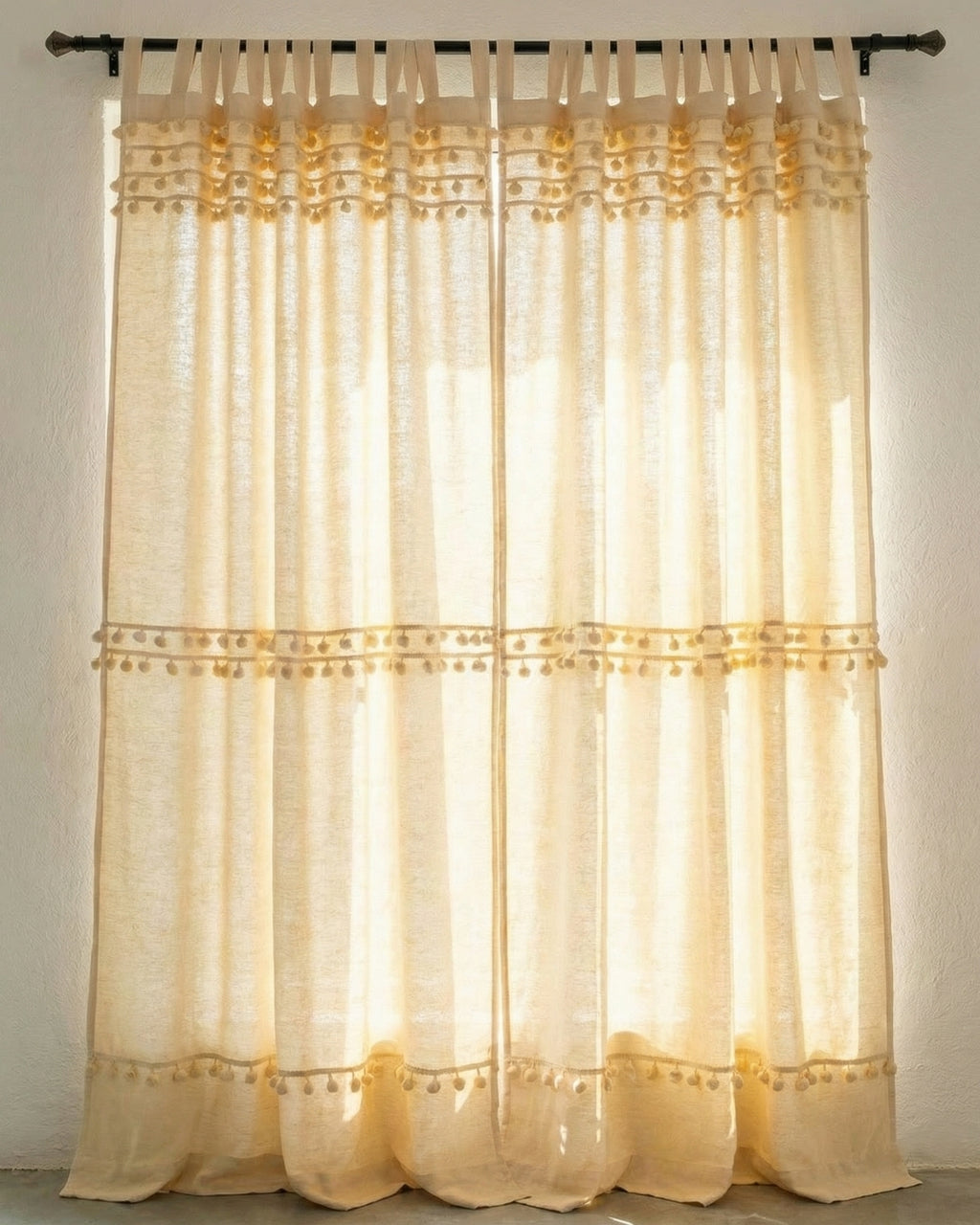 Natural Fiesta Pom Poms Curtain - Set of 2