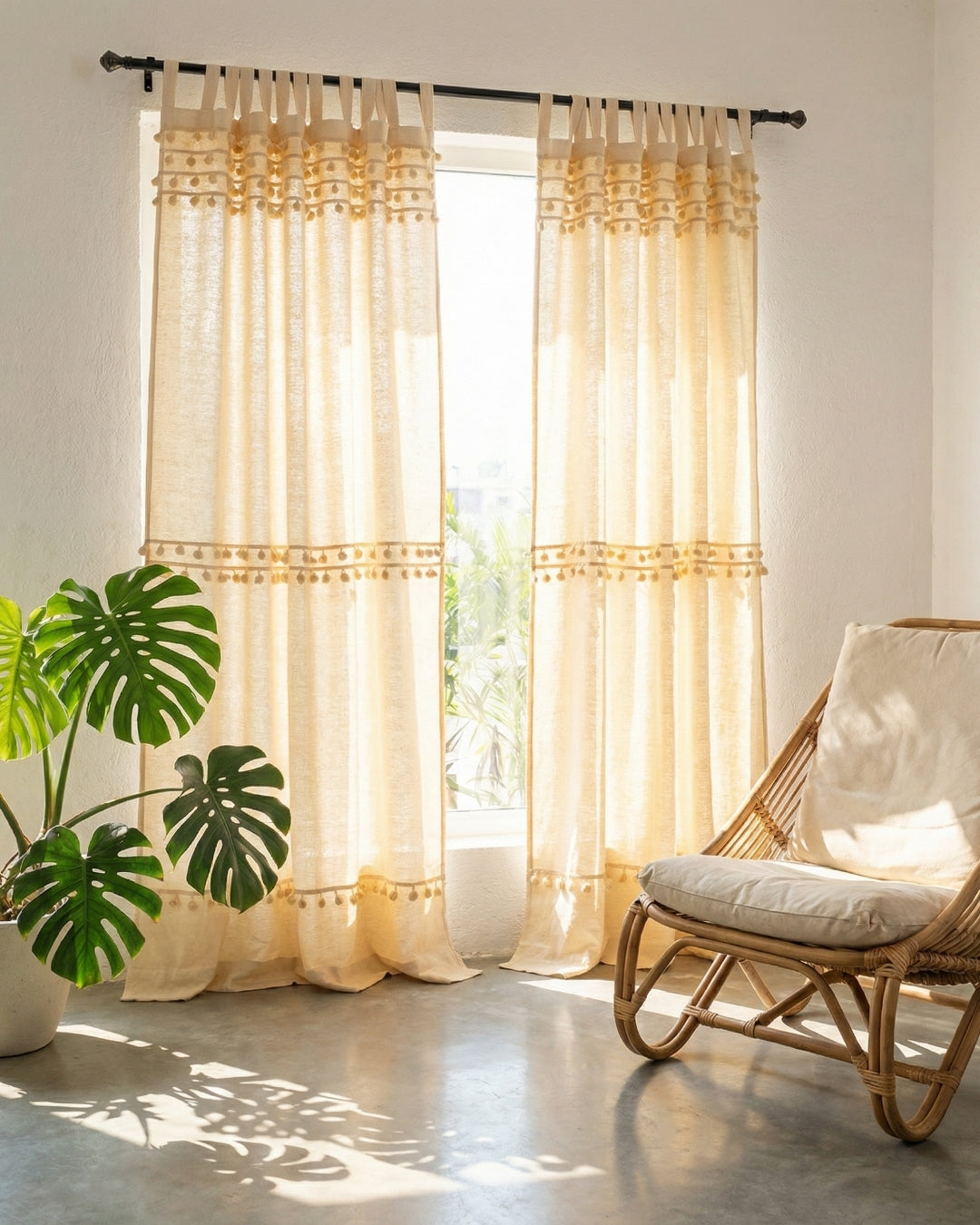 Natural Fiesta Pom Poms Curtain - Set of 2