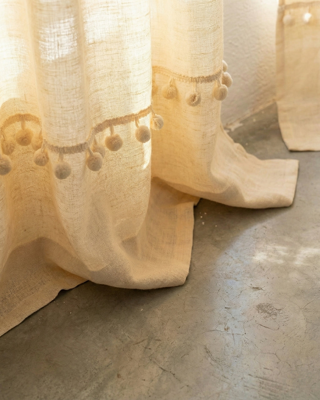 Natural Fiesta Pom Poms Curtain - Set of 2