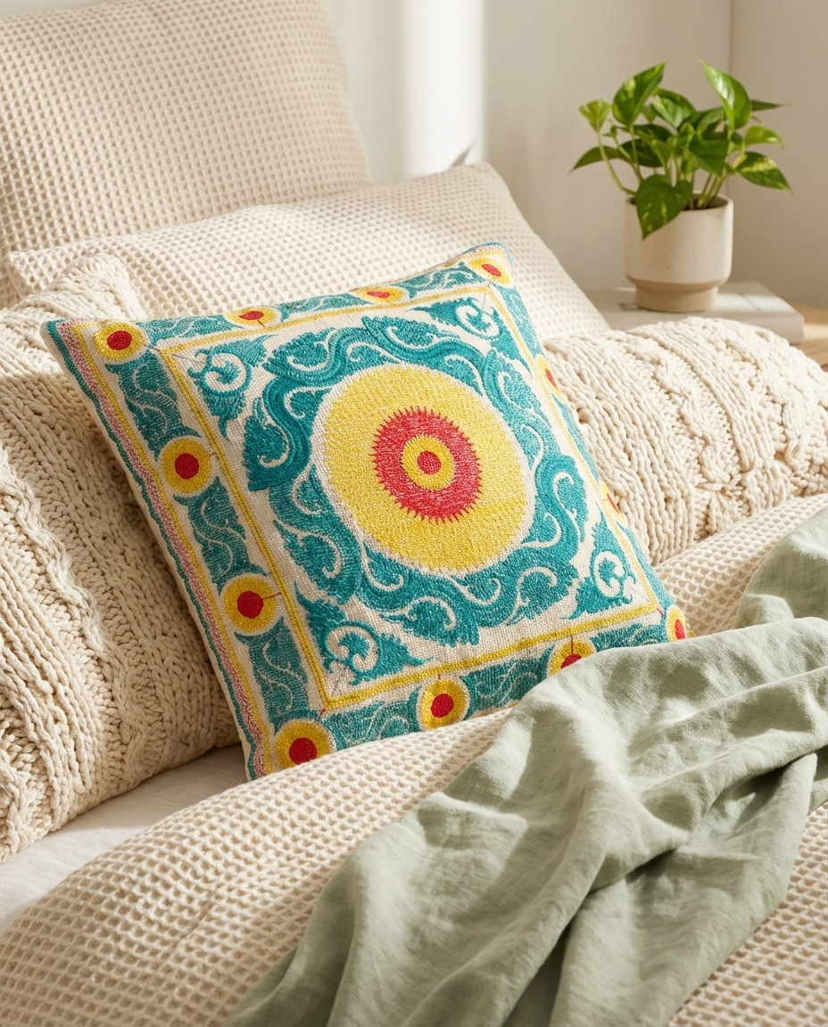 Green Suzani Throw Pillow Cover