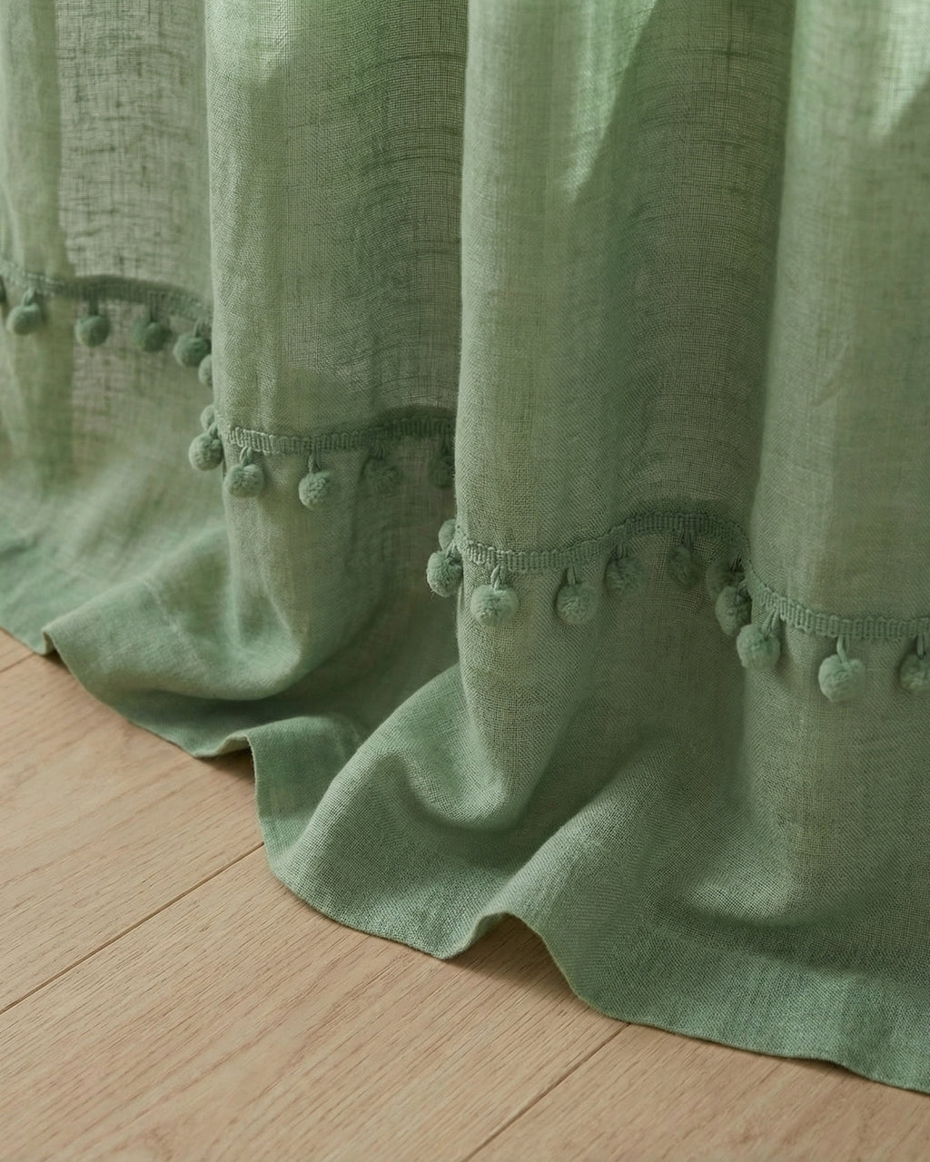 Sage Green Fiesta Pom Poms Curtain - Set of 2
