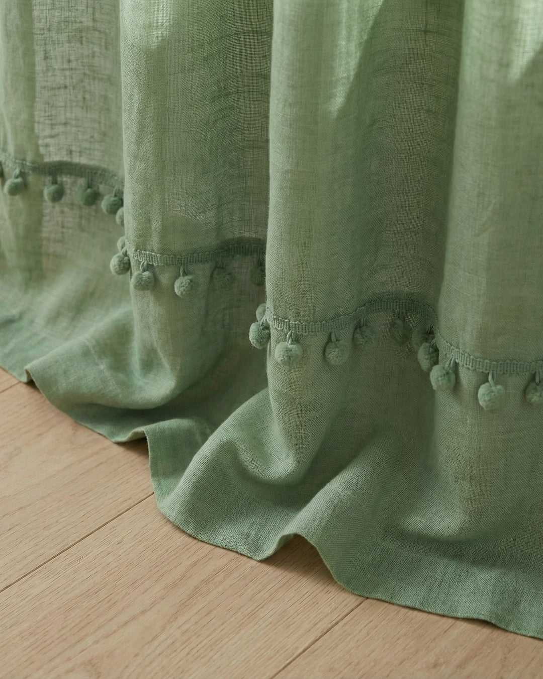 Sage Green Fiesta Pom Poms Curtain - Set of 2