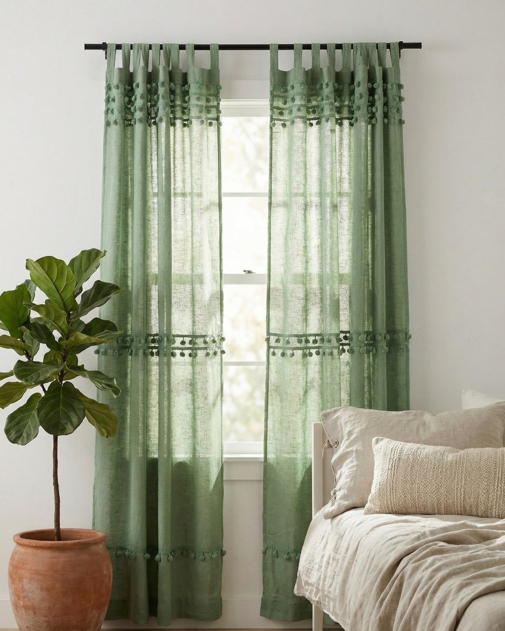 Sage Green Fiesta Pom Poms Curtain - Set of 2