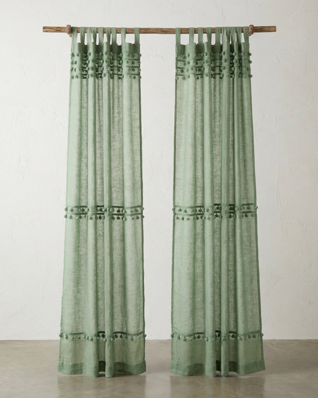 Sage Green Fiesta Pom Poms Curtain - Set of 2