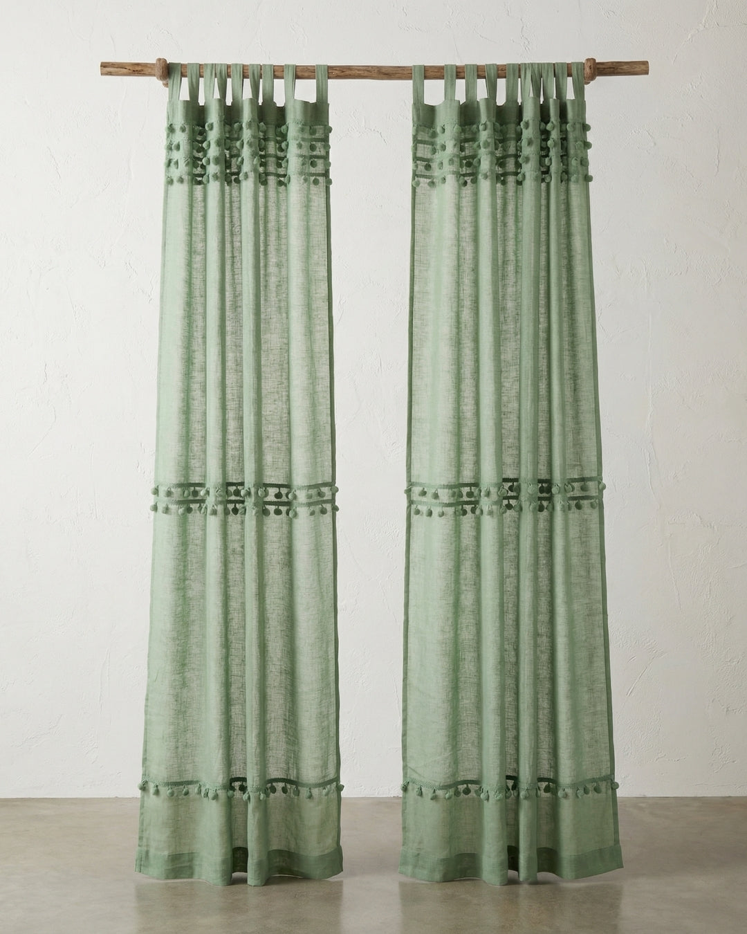Sage Green Fiesta Pom Poms Curtain - Set of 2