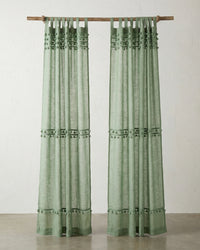 Sage Green Fiesta Pom Poms Curtain - Set of 2