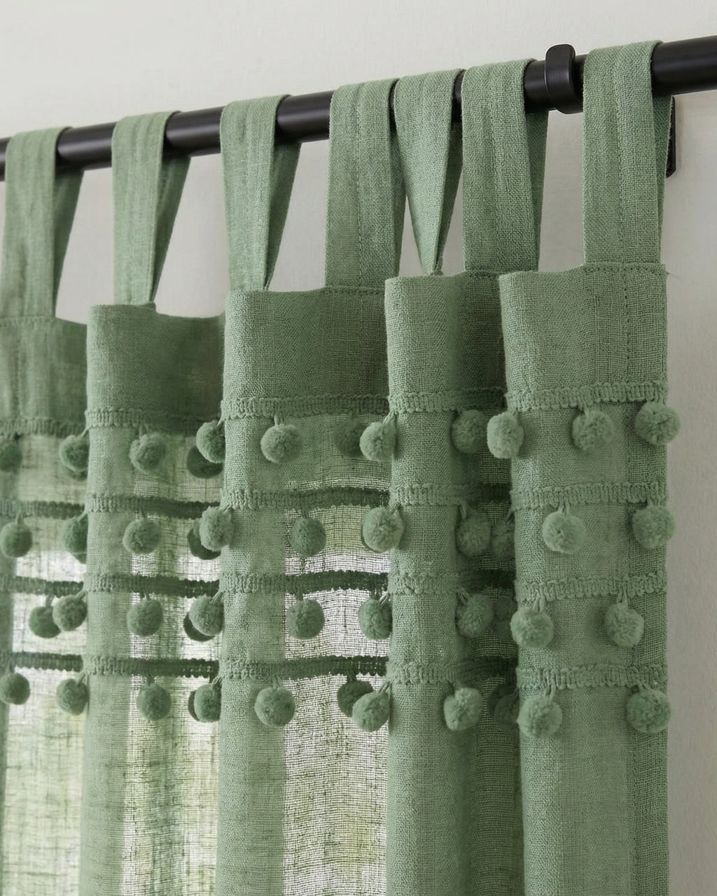 Sage Green Fiesta Pom Poms Curtain - Set of 2