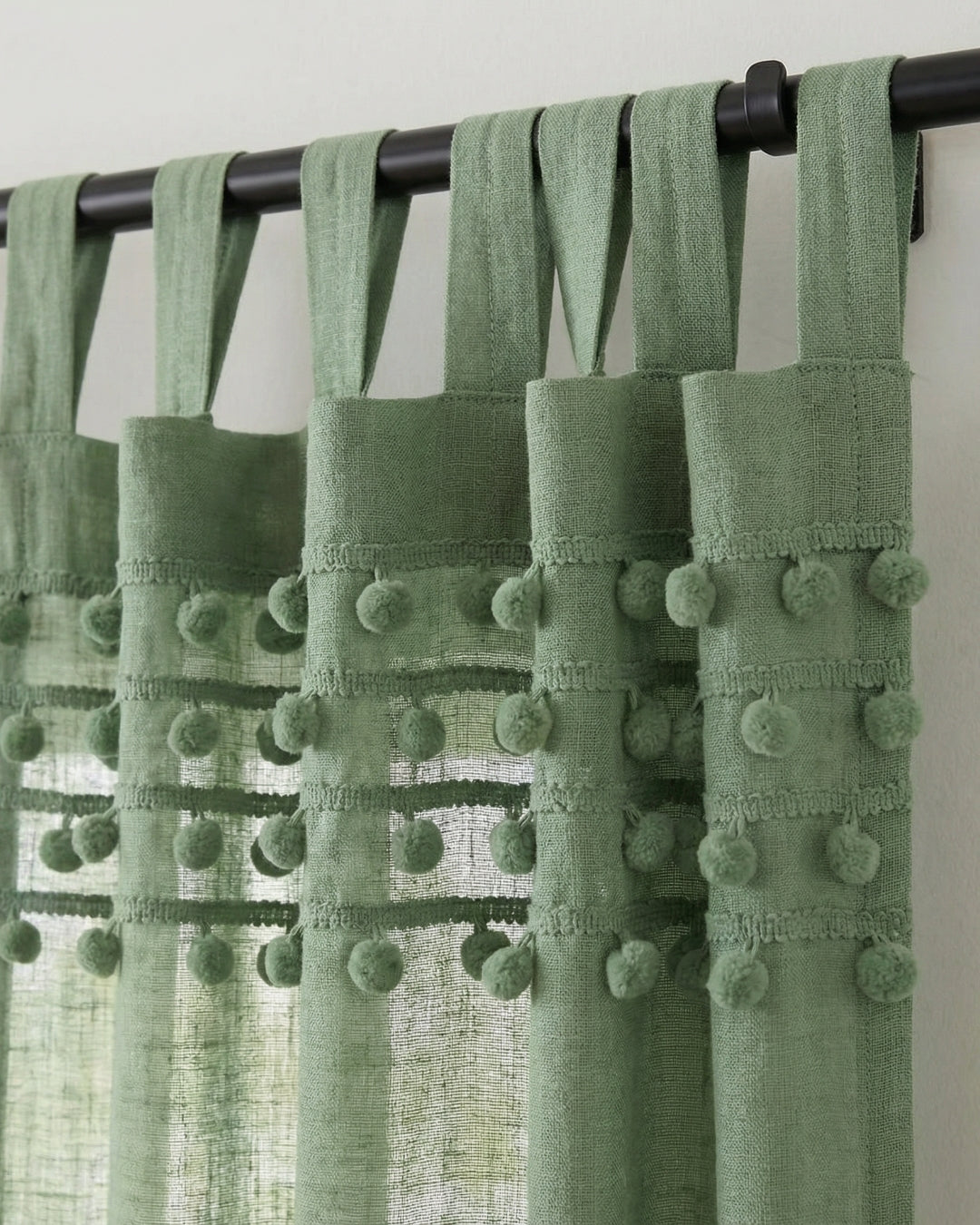 Sage Green Fiesta Pom Poms Curtain - Set of 2