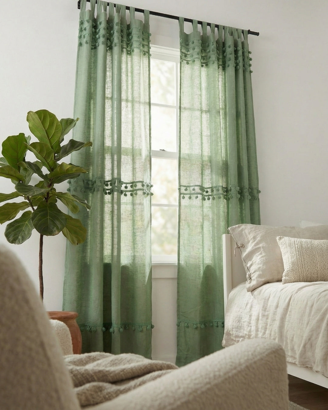 Sage Green Fiesta Pom Poms Curtain - Set of 2
