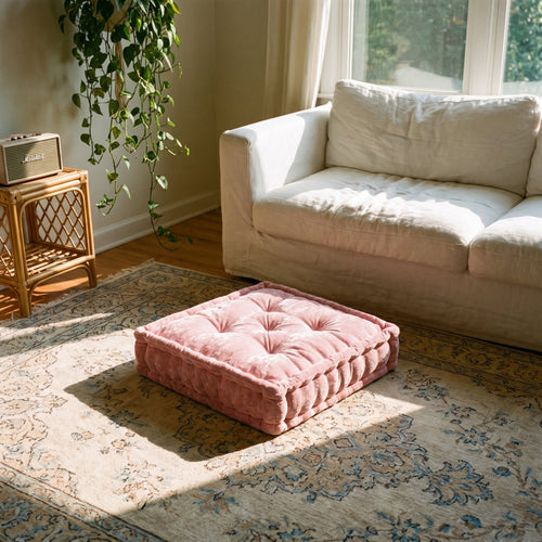 Candy Pink Velvet Haven Floor Cushion - lifestyle