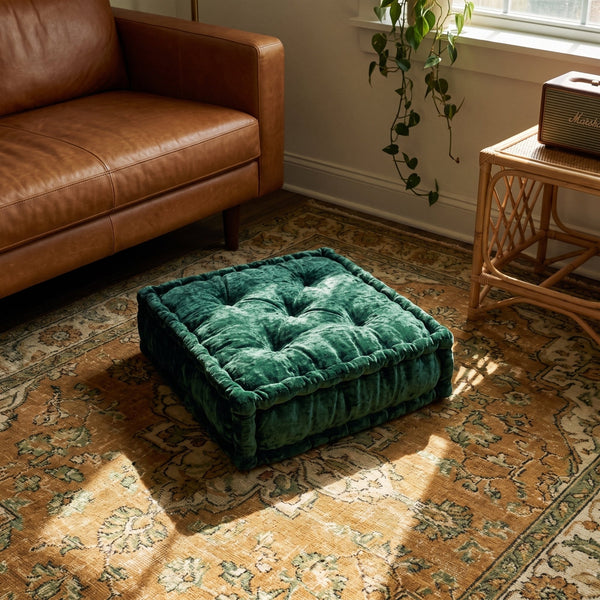 Emerald Green Velvet Haven Floor Cushion - lifestyle