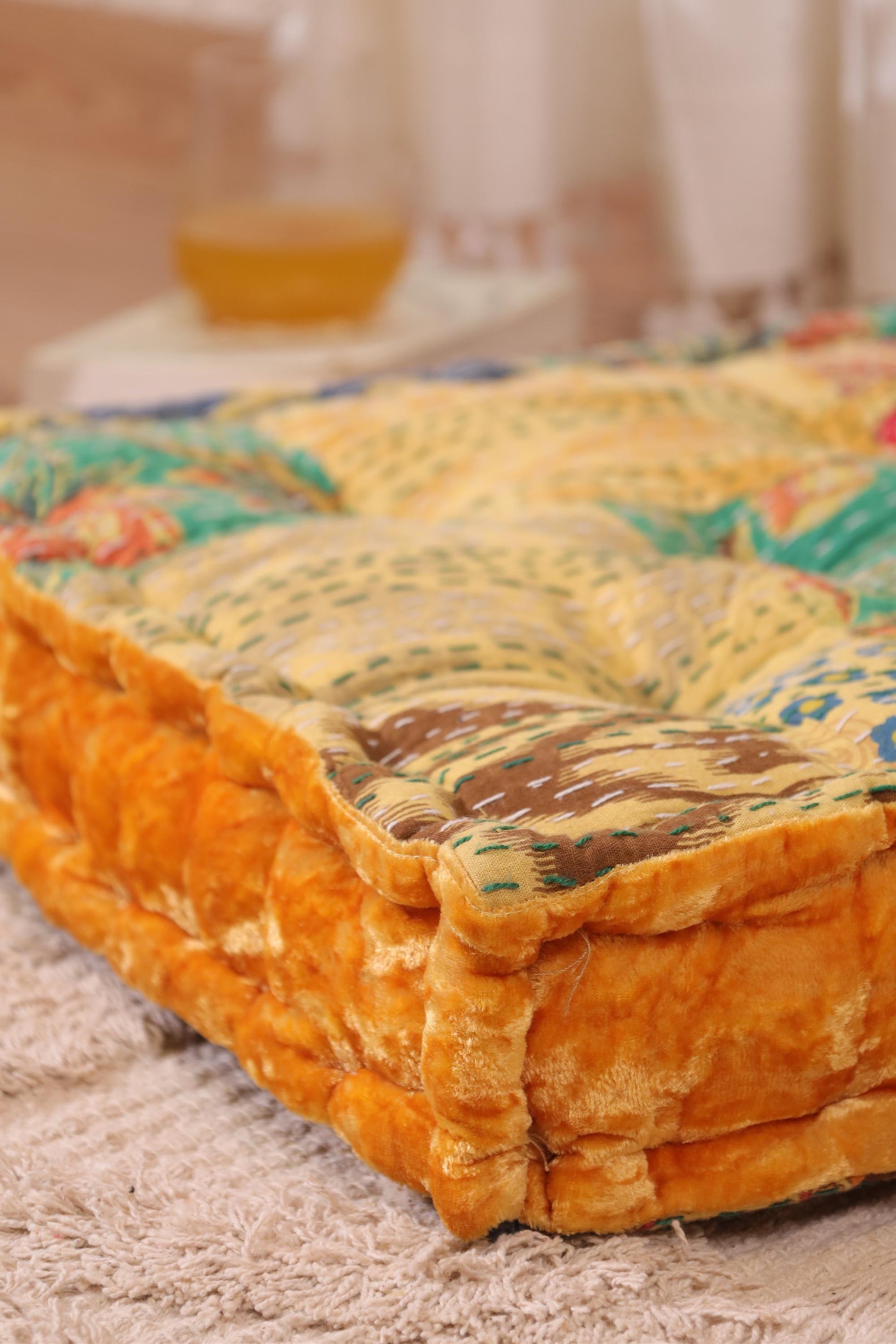 Gold Velvet Kantha Floor cushion
