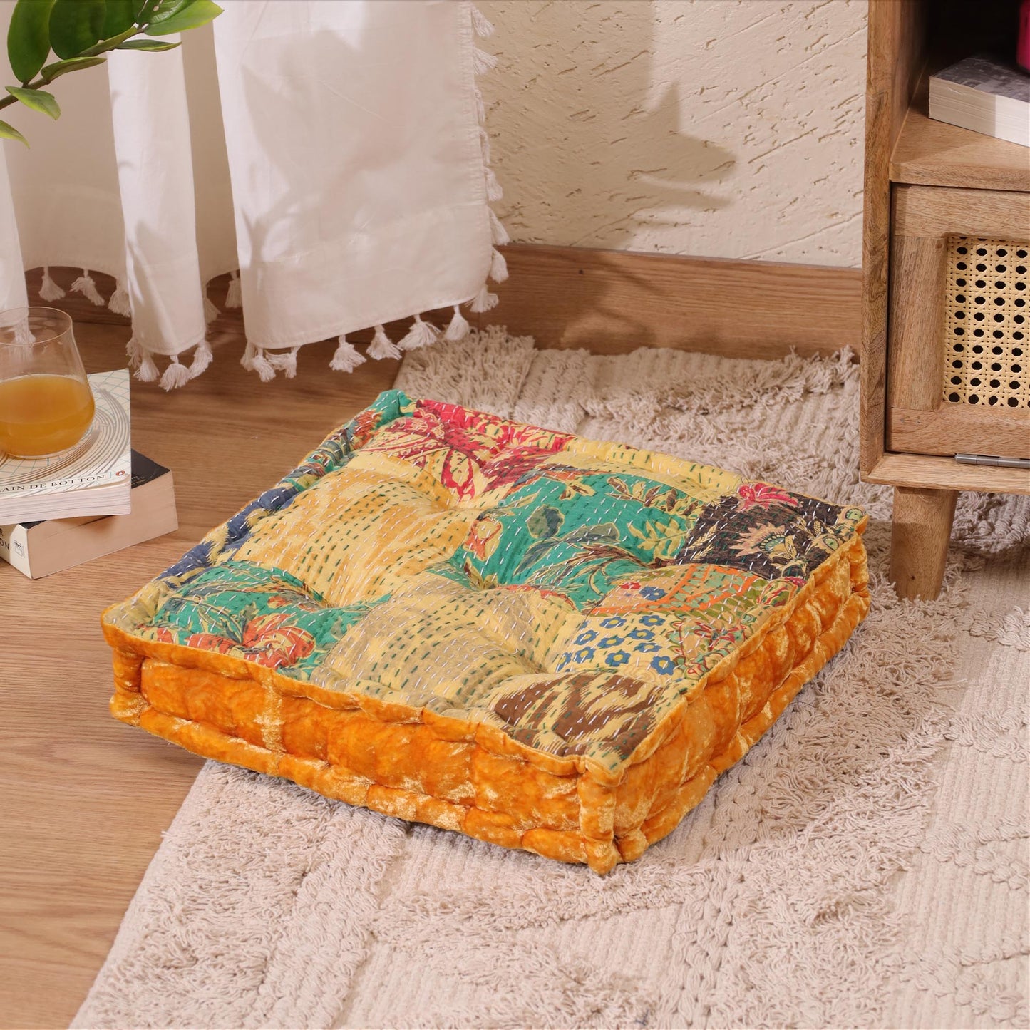 Gold Velvet Kantha Floor cushion