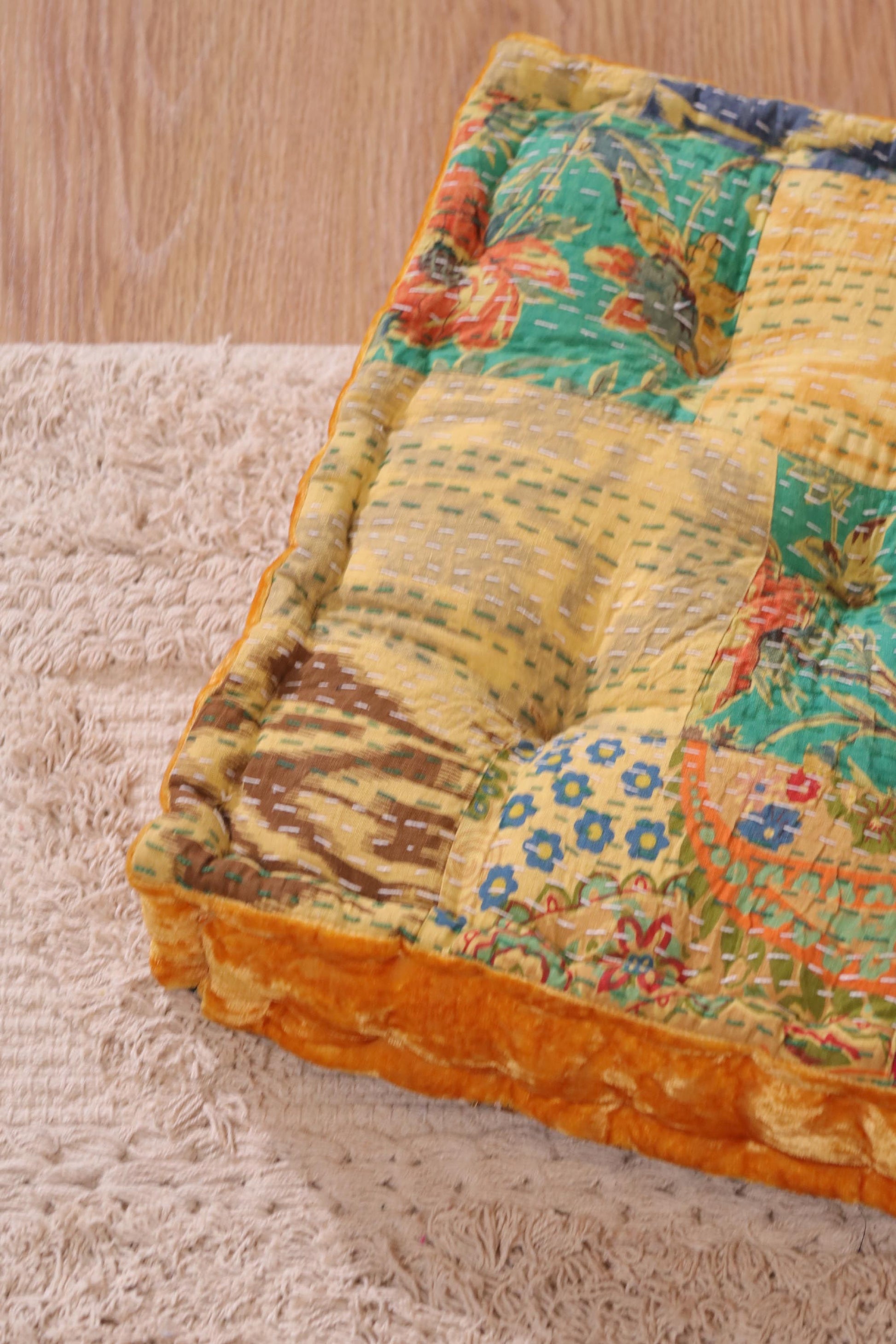 Gold Velvet Kantha Floor cushion