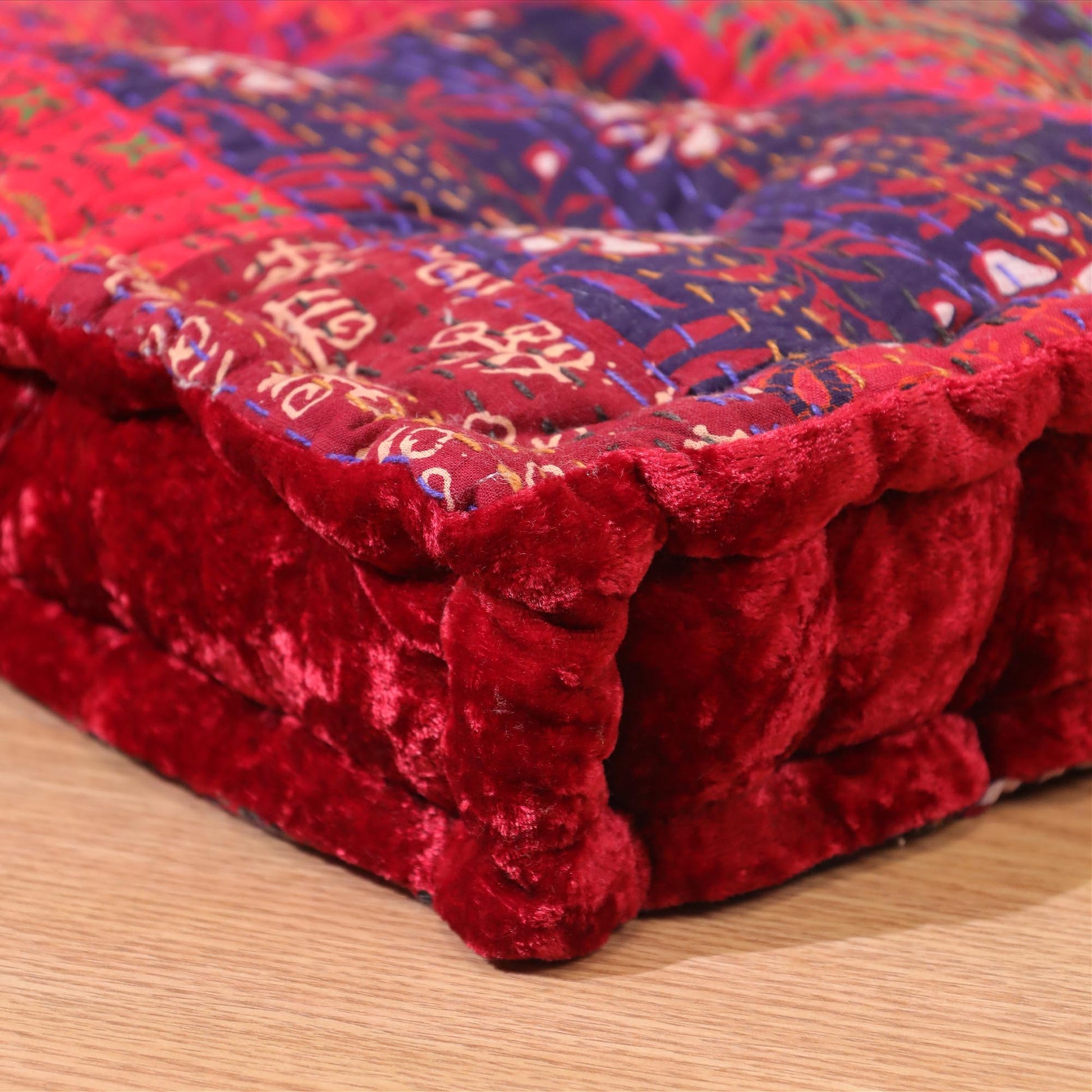 Red Velvet Kantha Floor cushion