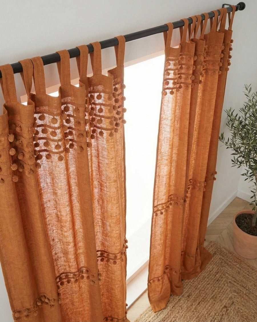 Rust Fiesta Pom Poms Curtain