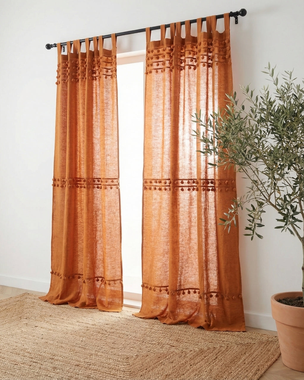 Rust Fiesta Pom Poms Curtain - Set of 2