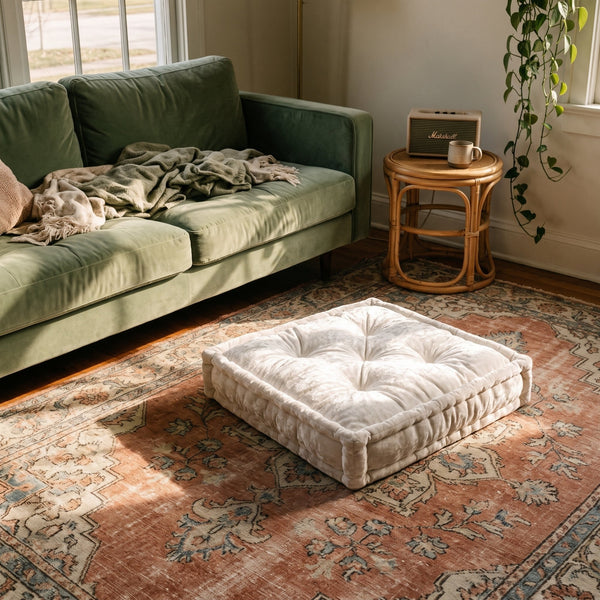White Velvet Haven Floor Cushion - lifestyle