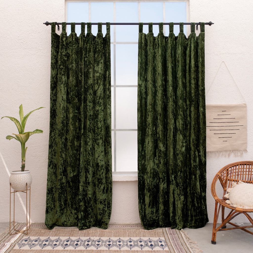 Olive Green Velvet Curtain - Set of 2
