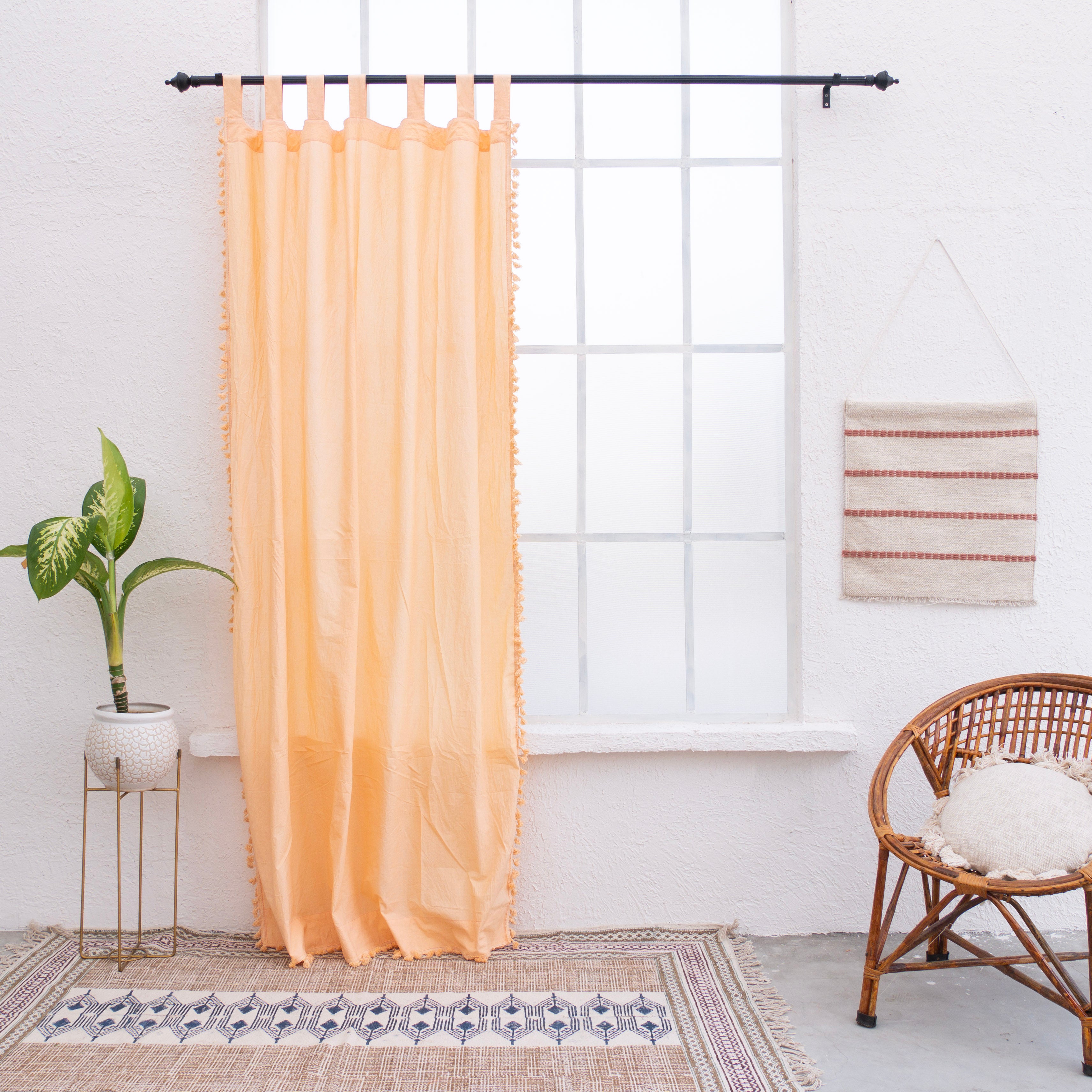 Peach Cotton Fringes Curtain - Set of 2