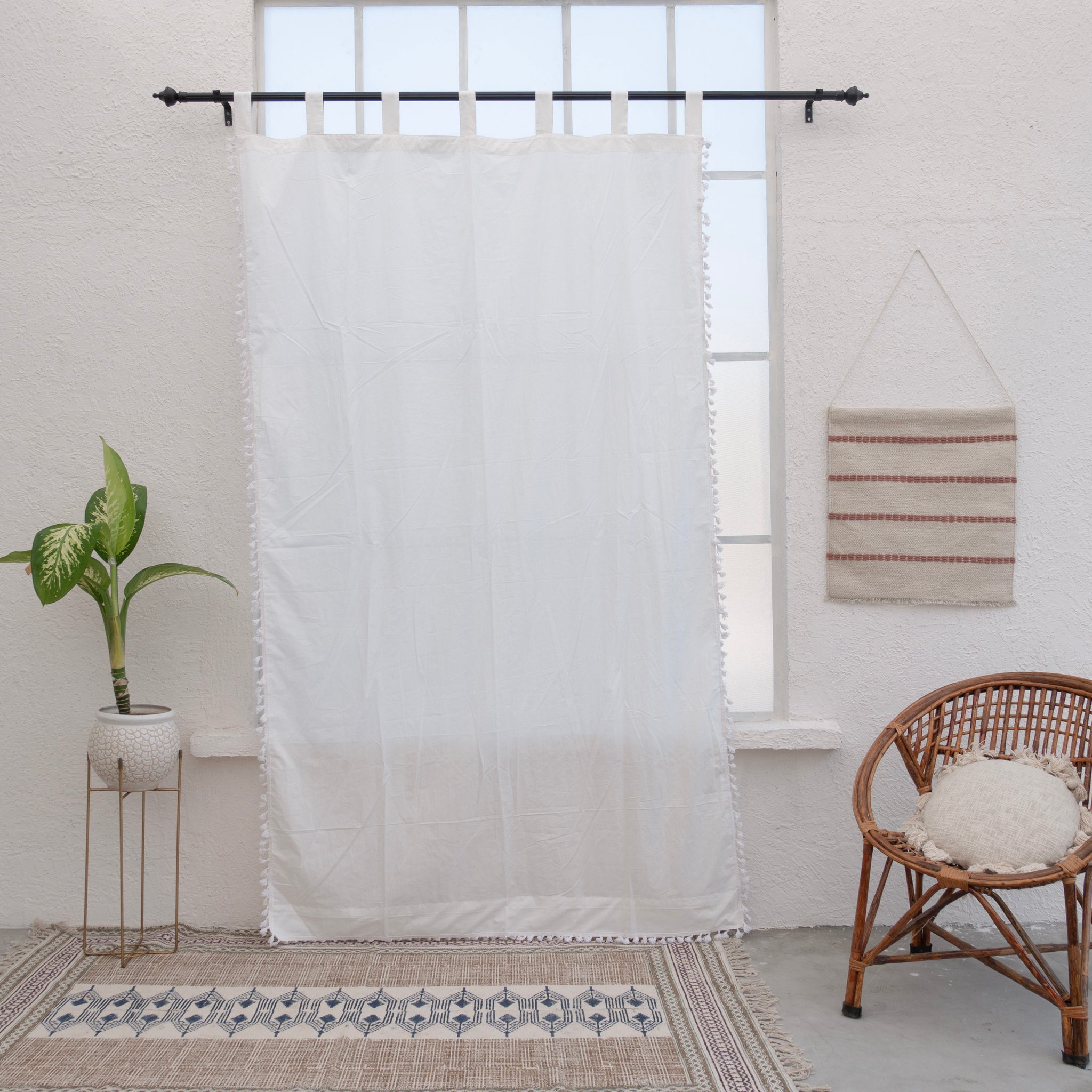 White Cotton Fringes Curtain - Set of 2