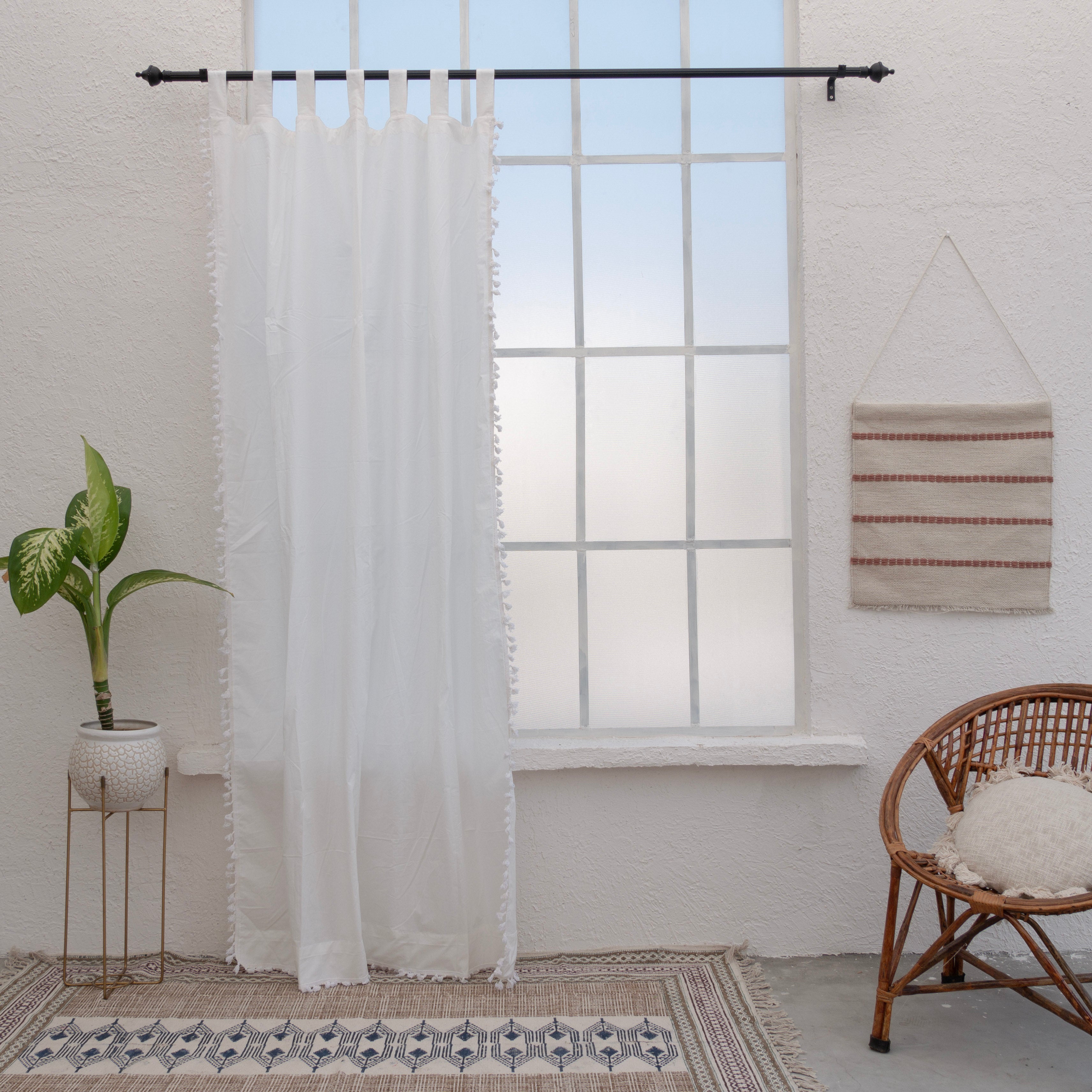 White Cotton Fringes Curtain - Set of 2